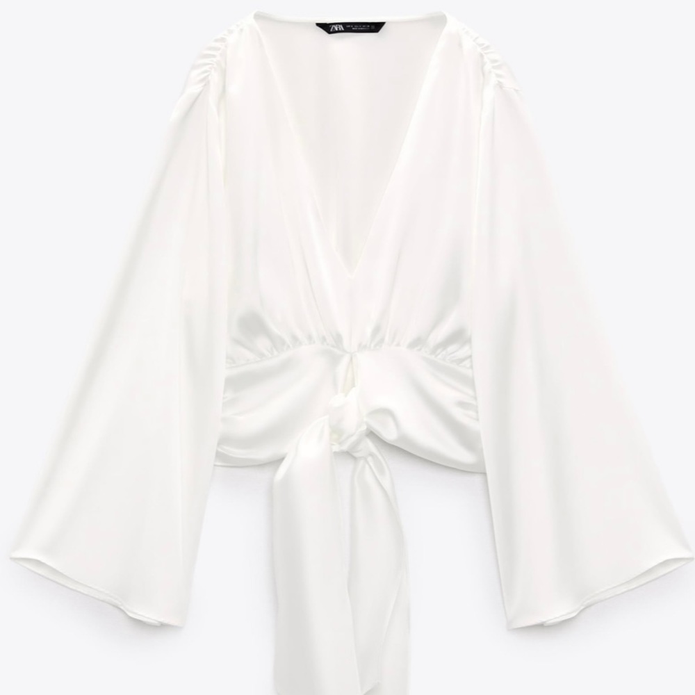 Zara Oyster White Satin Knotted Effect Top Woman Medium